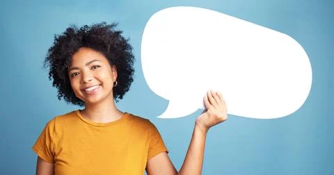 Speech bubble, communication portrait and woman chat, social media opinion and Stock Photos