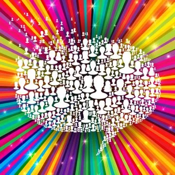 Speech bubble, composed from many people silhouettes on colorful rays backgro Stock Illustration