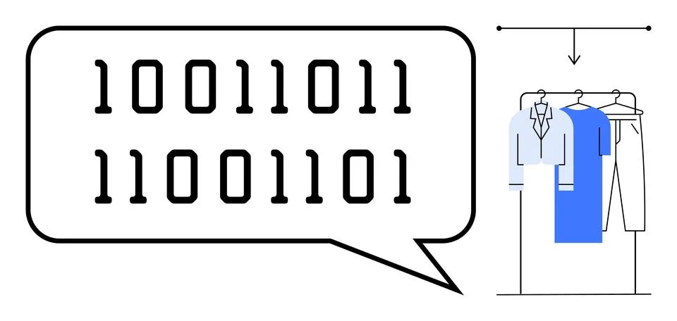 Speech bubble containing binary code above rack of hanging clothes including  Stock Illustration