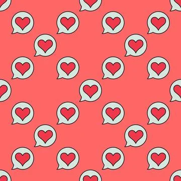 Speech Bubble with Cute Red Heart vector colored seamless pattern Illustrazione stock