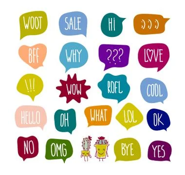 Speech bubble with different hand drawn words. Color stickers ballons with words Illustrazione stock