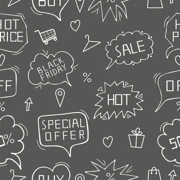 Speech bubble doodle set with online shopping text seamless pattern on black Stock Illustration