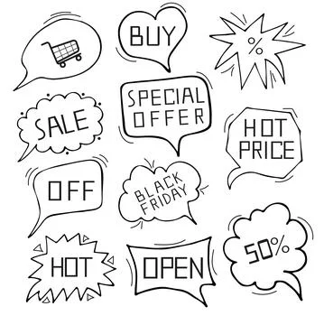 Speech bubble doodle set with online shopping text, isolated on white background Stock Illustration