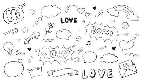 Speech Bubble Doodle Set with Words and Symbols Hand Drawn 스톡 일러스트