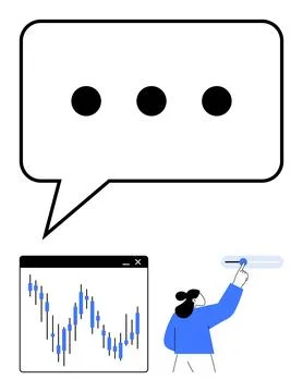 Speech bubble with ellipsis, data graph window showing market trends, and per Illustrazione stock