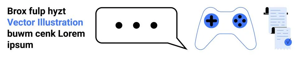 Speech bubble with ellipsis, game controller with blue and black buttons, two Stock Illustration