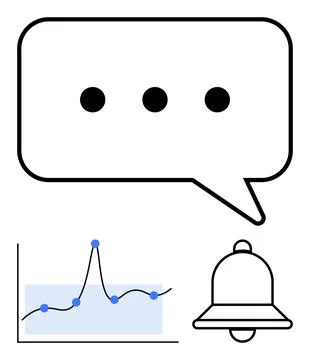Speech bubble with ellipsis line graph with data points notification bell. Id Illustrazione stock