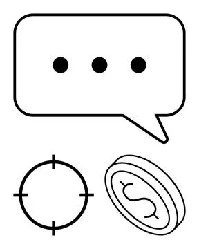 Speech bubble with ellipsis, target, and coin with dollar sign in black outli イラスト素材