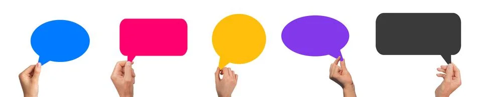 Speech bubble with empty space for feedback and message. Hand holding card in Stock Photos