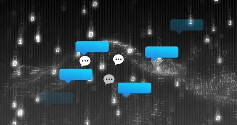 Speech bubble fading into view starting binary rain and bubbles forming then Stock Footage 320068040