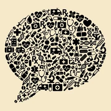 Speech bubble filled with black medical icons, representing healthcare comm.. 库存插图