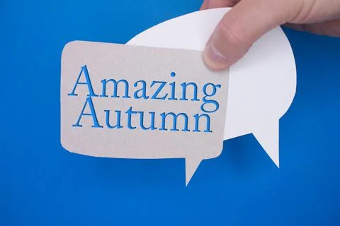 Speech bubble in front of colored background with Amazing Autumn text. Stock Photos