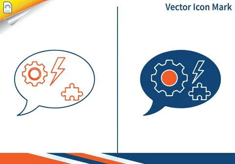 Speech bubble with gear lightning and puzzle piece icon mark. Stock Illustration