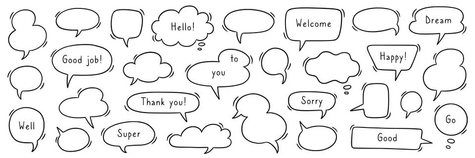 Speech bubble hand drawn set. Hand drawn comic doodle style think dialog balloon Stock Illustration