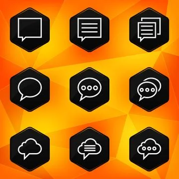 Speech bubble. Hexagonal icons set on abstract orange background Stock Illustration