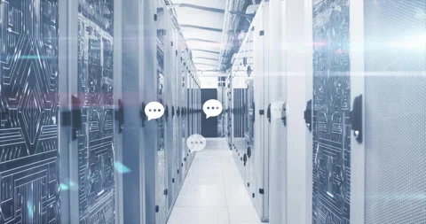 Speech-bubble icon appearing, message icons floating clustering down corridor Stock Footage 309894112