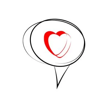 Speech bubble icon with red heart. Hand drawn doodle elements. White background Stock Illustration