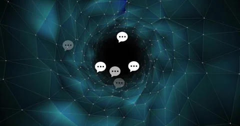 Speech bubble icons floating inside spiraling network vortex, forming mesh in 스톡 동영상 307455953