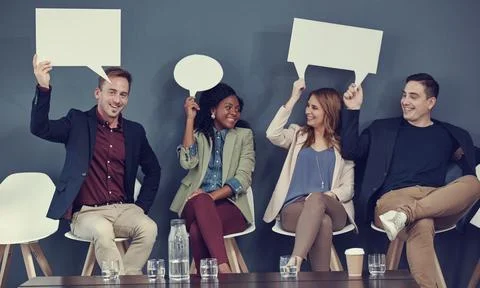Speech bubble, interview and smile with business people in studio for socia.. 库存照片