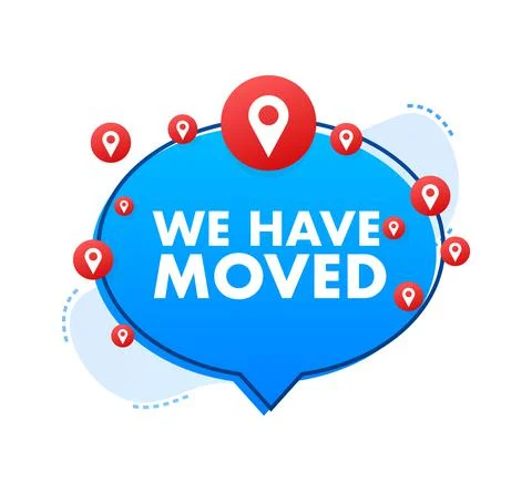 Speech bubble label with we have moved. Megaphone banner. Illustrazione stock