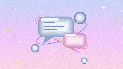 Speech bubble laptop computer with floating spheres and sparkles in cosmic .. Stock Illustration