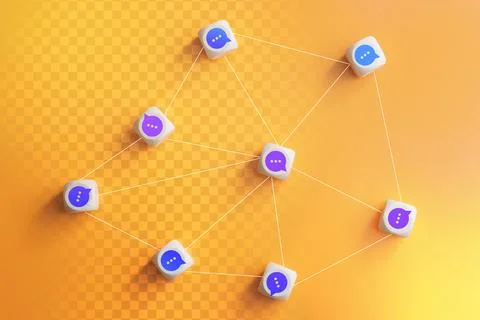 Speech bubble message icons on white blocks linked together with network li.. Stock Photos