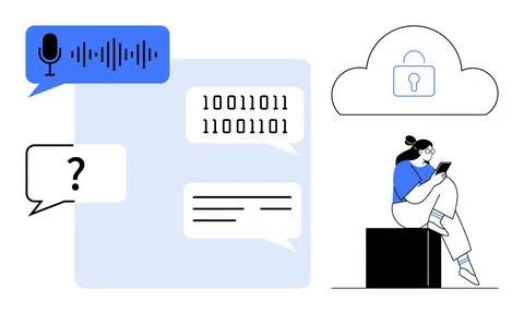 Speech bubble with microphone and soundwave, binary code, question mark, and  스톡 일러스트