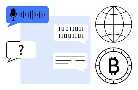 Speech bubble with microphone, binary code, message box and question mark, gl Illustrazione stock