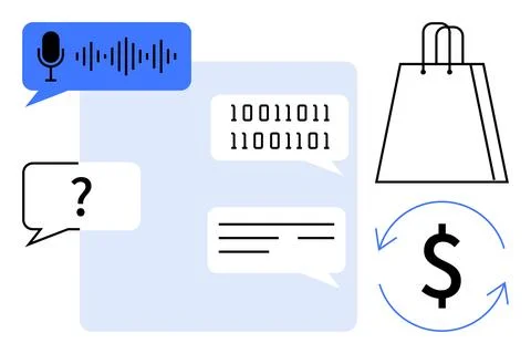 Speech bubble with microphone icon, binary code, chat bubble with question ma Stock Illustration