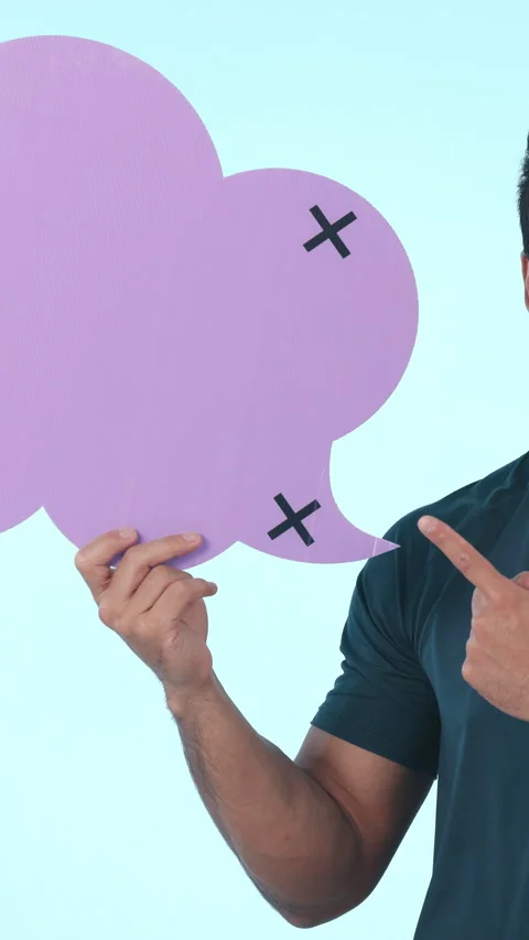 Speech bubble, okay and coach with face of man in studio for mockup, social Stock Footage 331564728