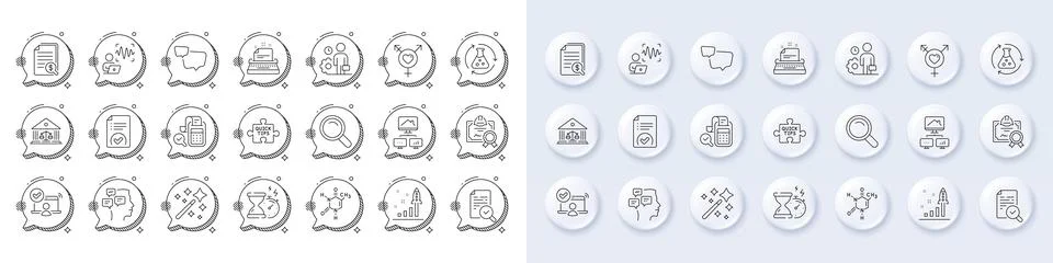 Speech bubble, Online access and Court building line icons. For web app Ilustración de archivo