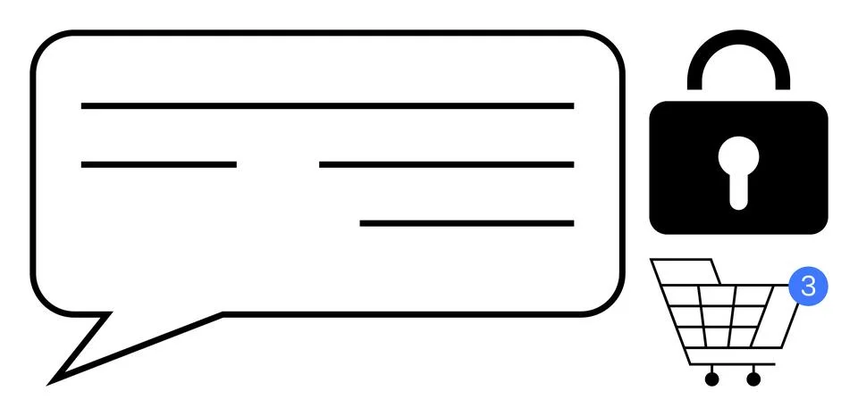 Speech bubble for online chat support, lock icon for security, and shopping c Illustrazione stock