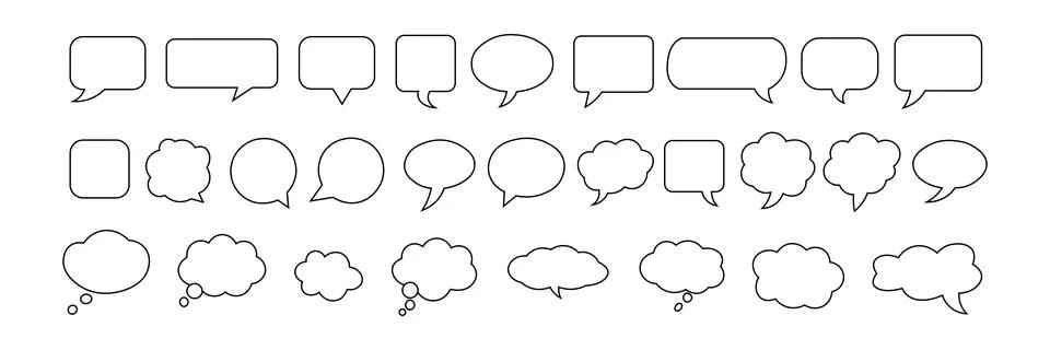 Speech Bubble Outline Vector Set – Chat, Dialogue, and Thought Balloon Icons Stock Illustration