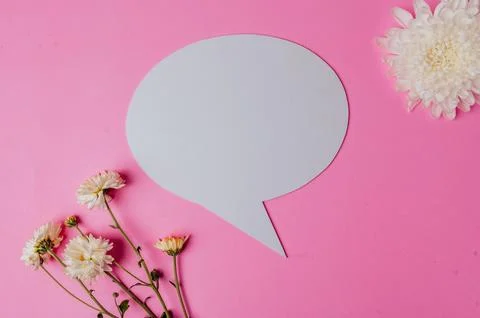 Speech bubble oval, flower and clear card with pink background Stock Photos