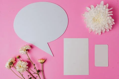 Speech bubble oval, flower and clear card with pink background Stock Photos