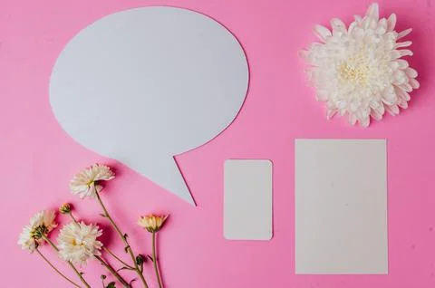 Speech bubble oval, flower and clear card with pink background Stock Photos