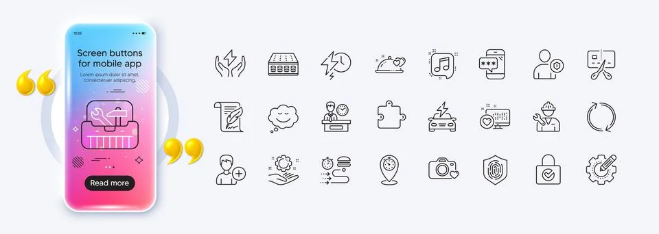 Speech bubble, Presentation time and Musical note line icons for web app Stock Illustration