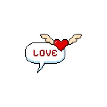 Speech bubble, red heart with wings pixel art Y2K icon, dialog frame with Love Stock Illustration