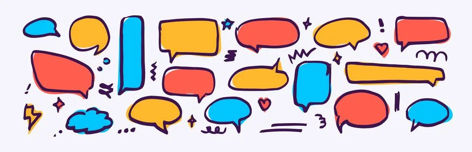 Speech bubble set doodle hand-drawn icon. Vector colorful isolated illustrati Stock Illustration