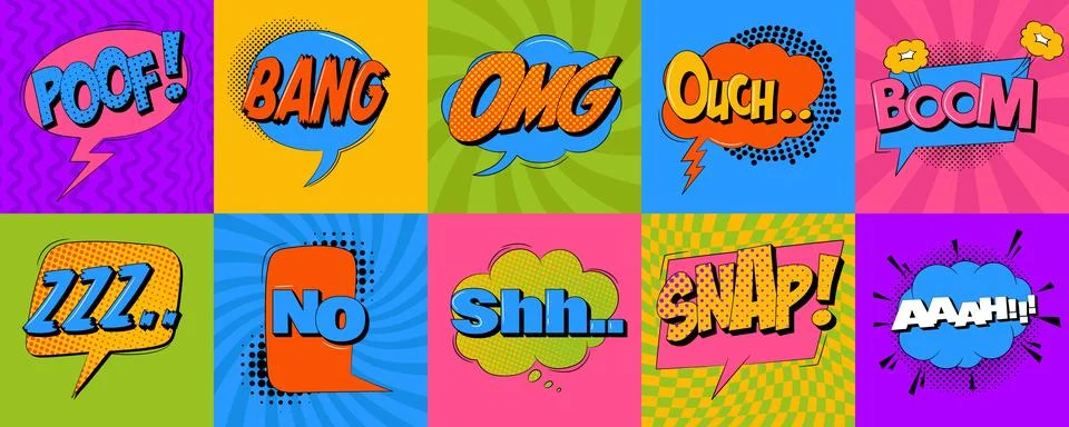 Speech bubble set in trendy pop art style. Comic sound effects Stock Illustration