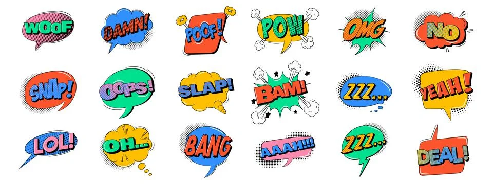 Speech bubble set in trendy retro style. Comic sound effects Stock Illustration