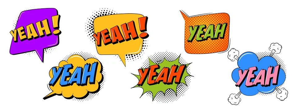 Speech bubble set in trendy retro style. YEAH text. Comic sound effects Stock Illustration