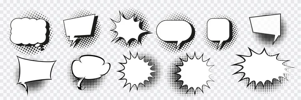 Speech bubble set vector. Collection of empty comic speech bubbles with halftone Stock Illustration