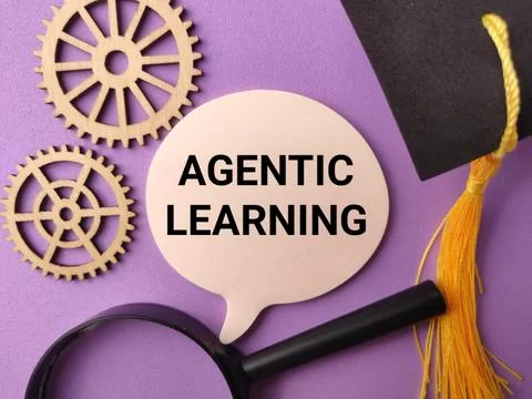 A speech bubble showing AGENTIC LEARNING lies near wooden gears, a magnifyi.. Stock Photos