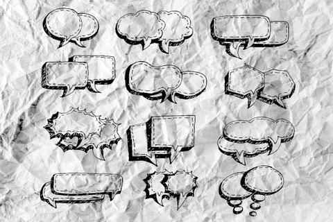 Speech bubble sketch hand drawn bubble speech idea design on crumpled paper Stock Illustration