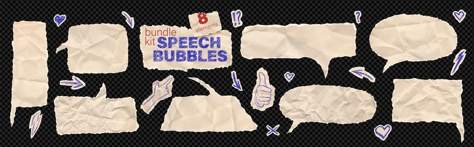 Speech bubble sticker dialogue box bundle kit. Set of beige comic sheet torn Stock Illustration
