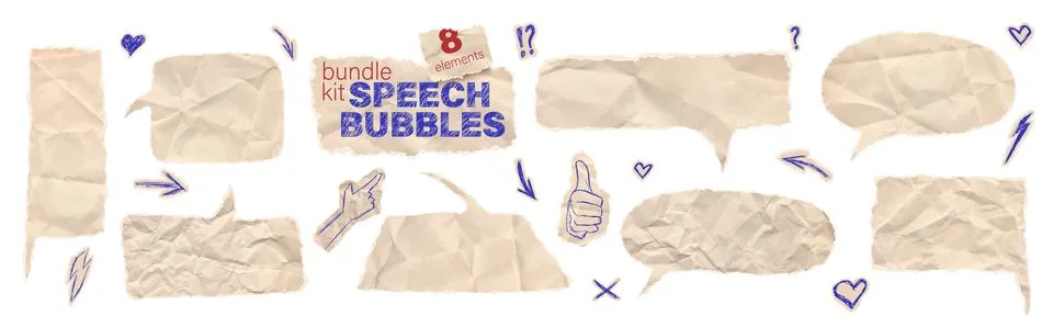 Speech bubble sticker dialogue box bundle kit. Set of beige comic sheet torn 스톡 일러스트