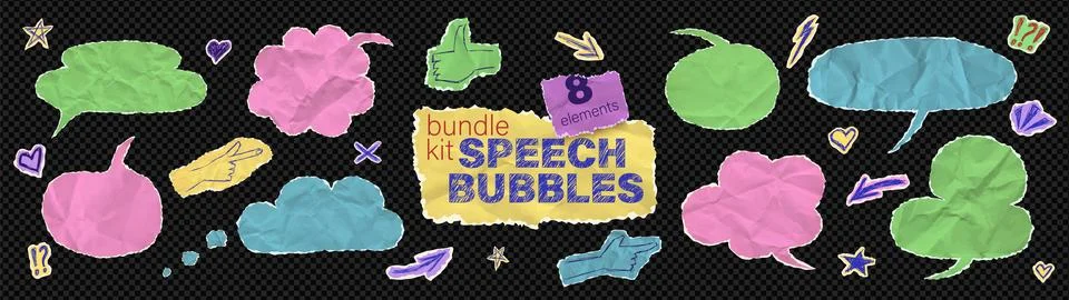 Speech bubble sticker dialogue box bundle kit. Set of colorful comic sheet torn Stock Illustration