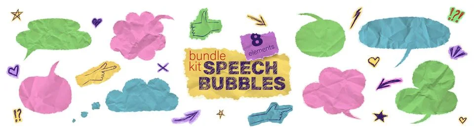 Speech bubble sticker dialogue box bundle kit. Set of colorful comic sheet torn 스톡 일러스트
