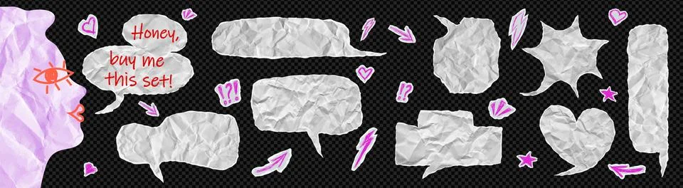 Speech bubble sticker dialogue box bundle kit. Set of white comic sheet torn Stock Illustration